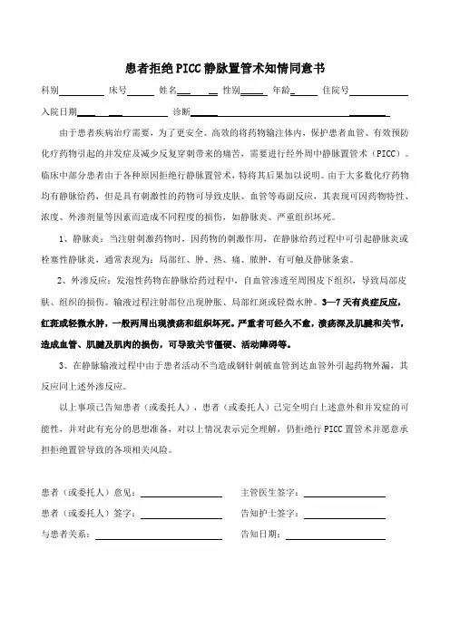 患者拒绝PICC静脉置管术知情同意书