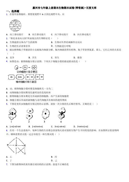嘉兴市七年级上册期末生物期末试卷(带答案)-百度文库
