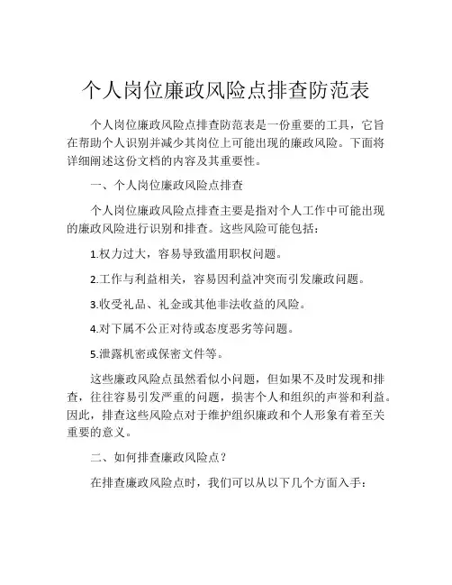 个人岗位廉政风险点排查防范表