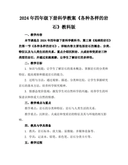 2024年四年级下册科学教案《各种各样的岩石》教科版