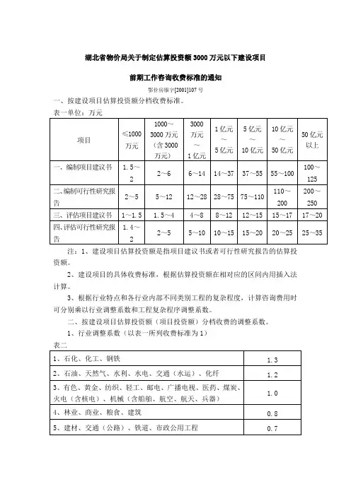 湖北省3000万元以下建设项目前期工作咨询收费标准