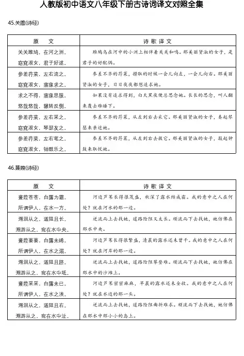 人教版初中语文八年级下册古诗词译文对照全集