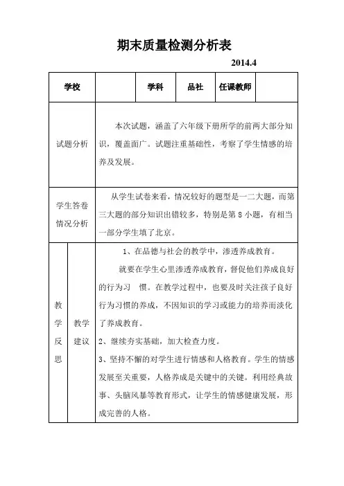六年级品社学科期中质量分析表