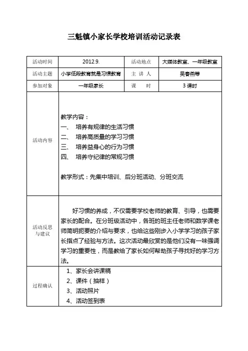 三魁镇小家长学校培训活动记录表