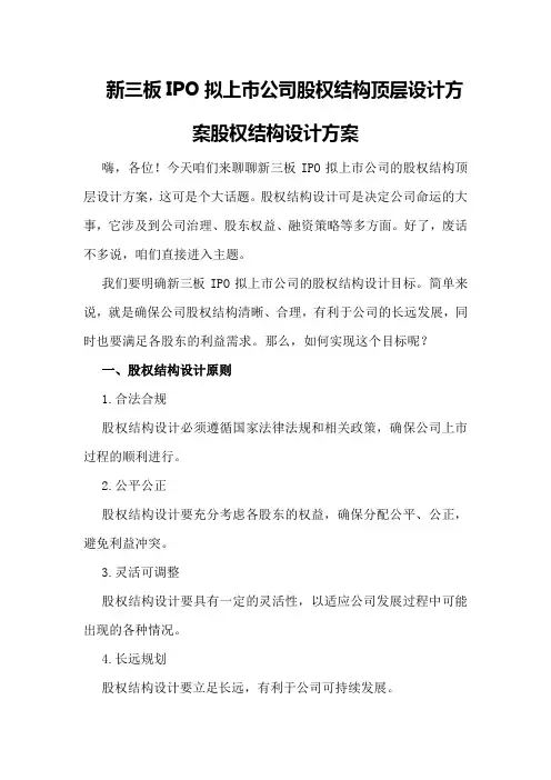 新三板IPO拟上市公司股权结构顶层设计方案股权结构设计方案