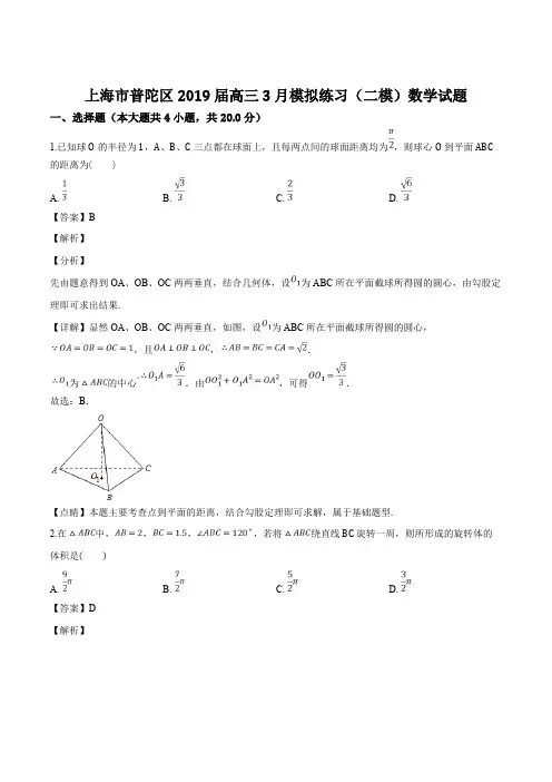 上海市普陀区2019届高三3月模拟练习(二模)数学试题(含参考答案)