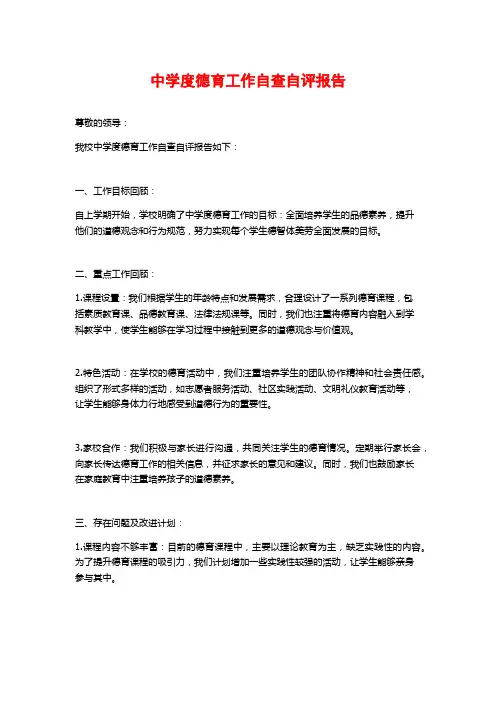 中学度德育工作自查自评报告
