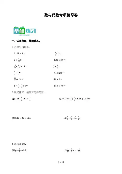 人教版六年级下册小学数学小升初复习 数与代数专项复习卷(含答案)