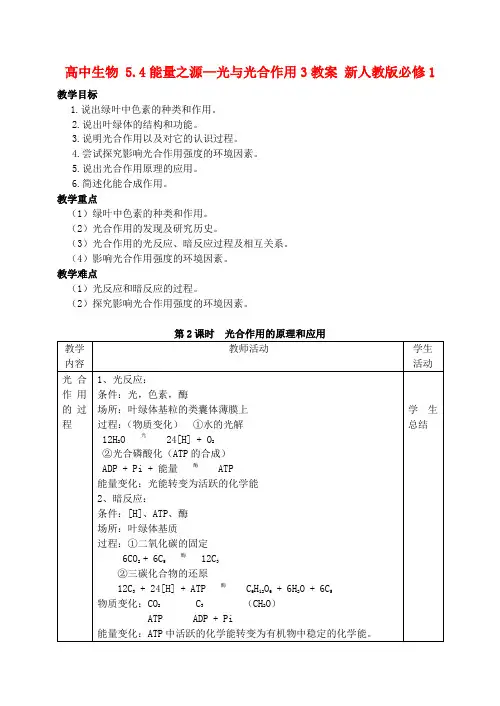高中生物 5.4能量之源—光与光合作用3教案 新人教版必修1