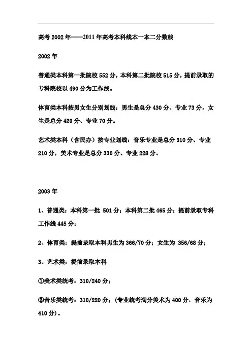 江苏高考2002年——2011年江苏高考本科线本一本二分数线