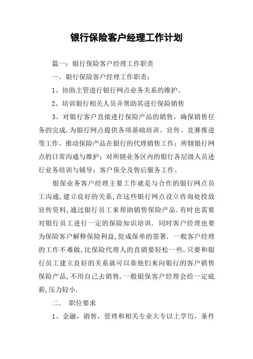 银行保险客户经理工作计划