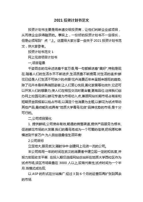 2021投资计划书范文