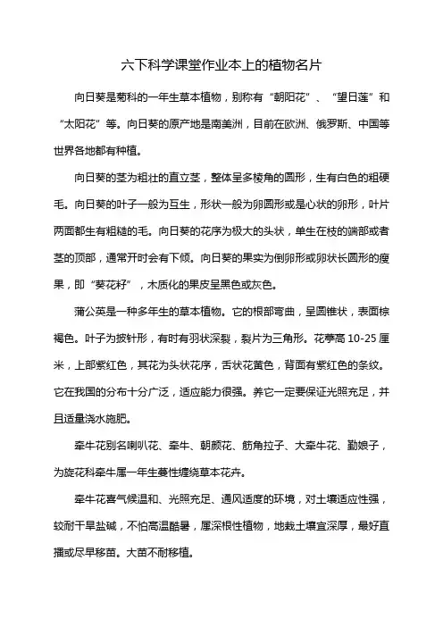 六下科学课堂作业本上的植物名片