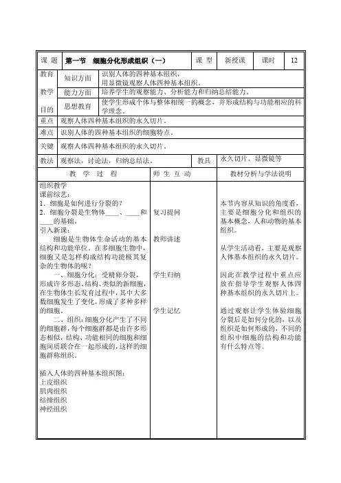细胞分化形成组织教案