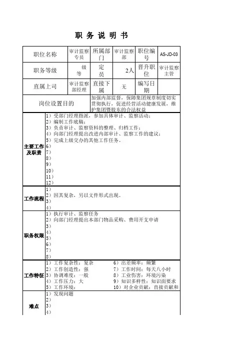 审计监察专员岗位说明书