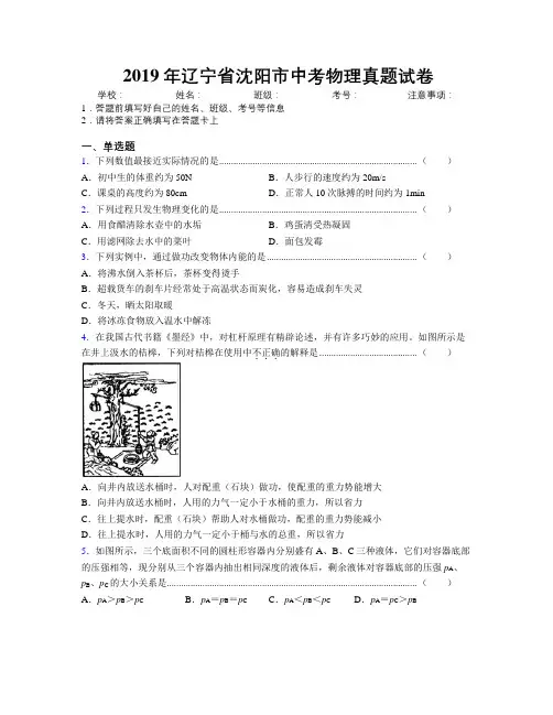 2019年辽宁省沈阳市中考物理真题试卷附解析