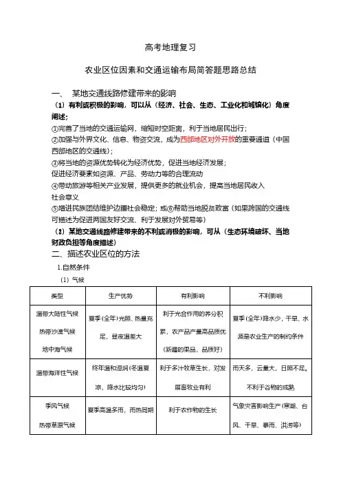 高考地理复习：农业区位因素和交通运输布局简答题思路总结