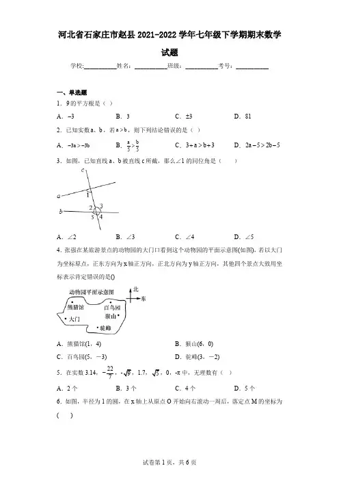 河北省石家庄市赵县2021-2022学年七年级下学期期末数学试题