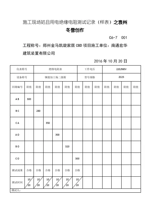 施工现场临时用电绝缘电阻测试记录