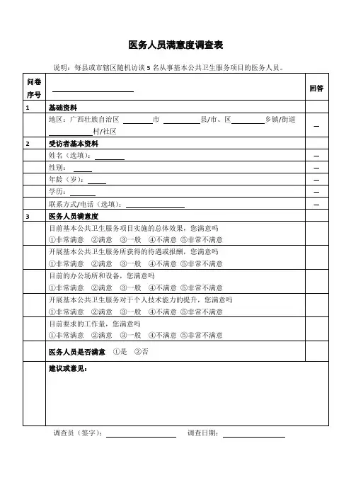 医务人员满意度调查表