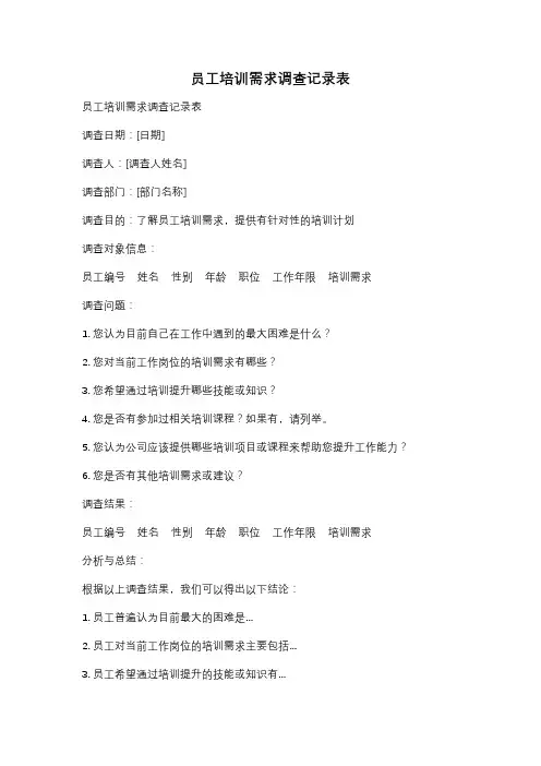 员工培训需求调查记录表