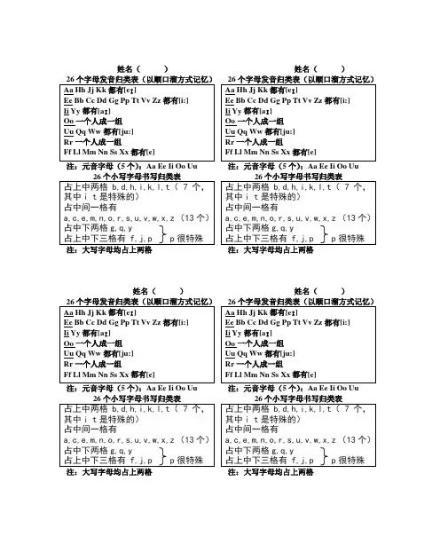26个字母按写法和读法分类表