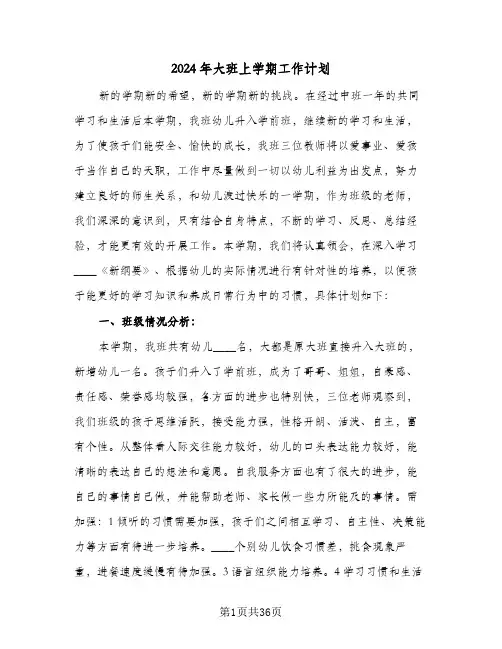 2024年大班上学期工作计划(8篇)