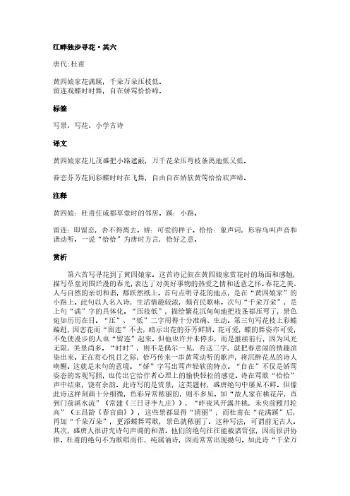 江畔独步寻花·其六(杜甫作品)原文、翻译及赏析