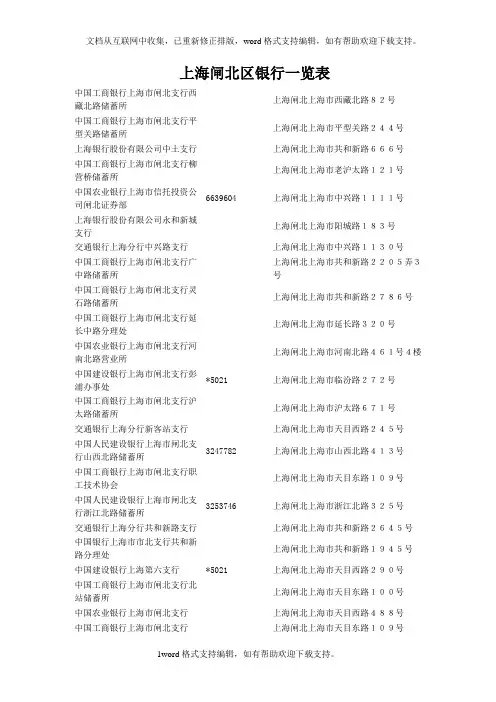 上海闸北区银行一览表格