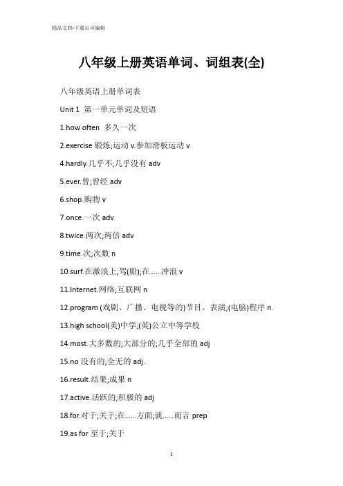 八年级上册英语单词、词组表(全) 