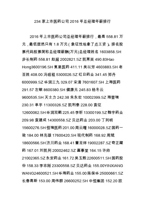 234家上市医药公司2016年总经理年薪排行