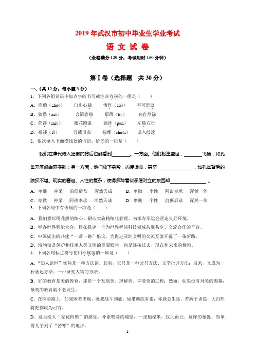 2019年湖北省武汉市中考语文试题及参考答案(word解析版)