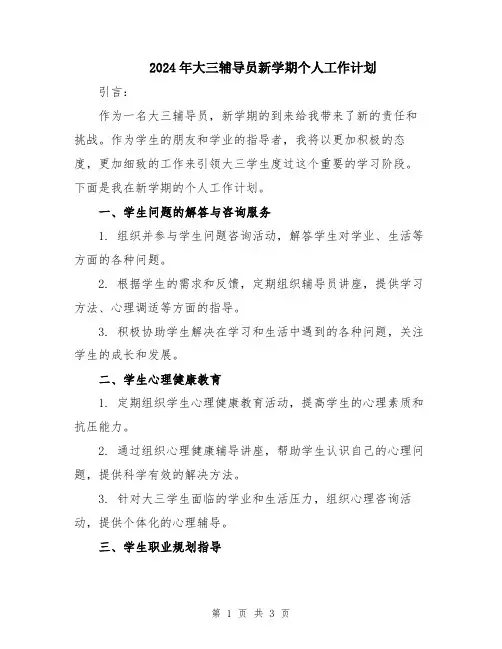 2024年大三辅导员新学期个人工作计划
