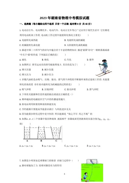 2023年湖南省物理中考模拟试题 (3)