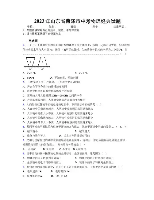 2023年山东省菏泽市中考物理经典试题及解析