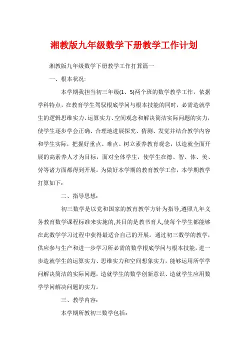 湘教版九年级数学下册教学工作计划1