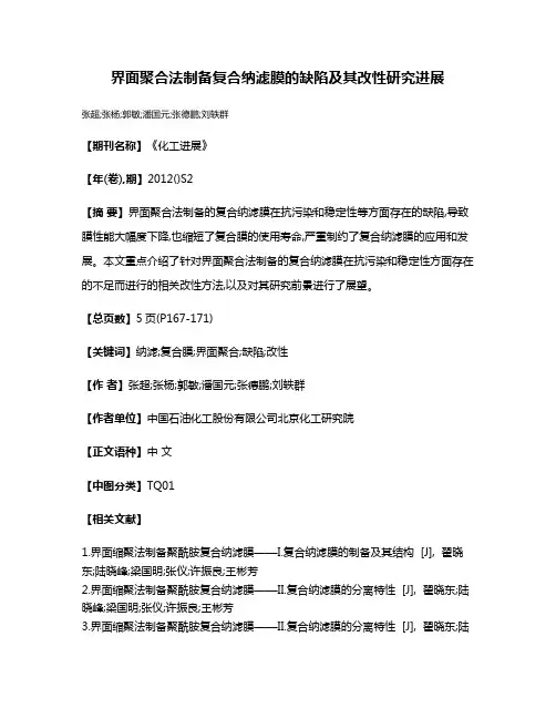 界面聚合法制备复合纳滤膜的缺陷及其改性研究进展