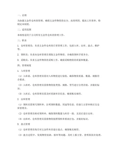 标准五金件仓库管理制度范本