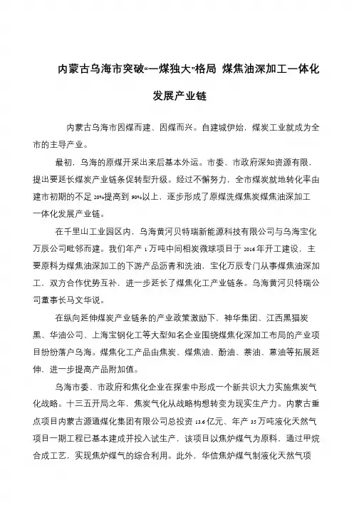 内蒙古乌海市突破“一煤独大”格局 煤焦油深加工一体化发展产业链