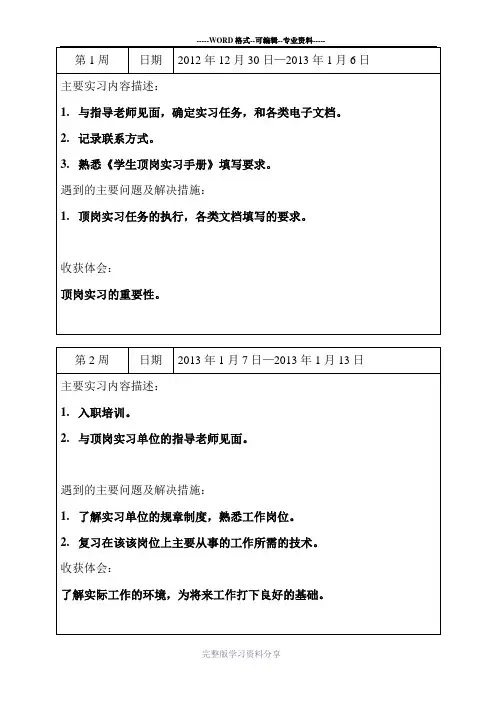 顶岗实习手册填写内容(学生周记)