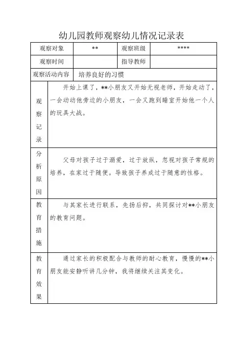 幼儿园教师观察幼儿情况记录表两篇