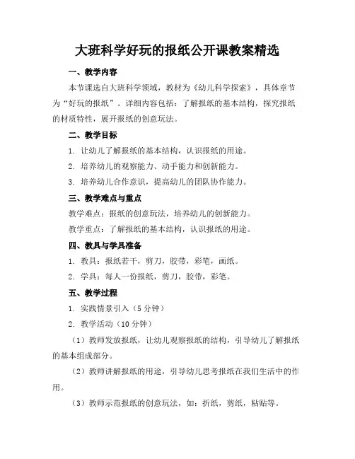 大班科学好玩的报纸公开课教案精选