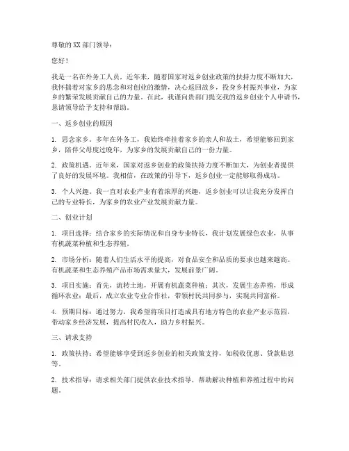 反乡创业个人申请书模板