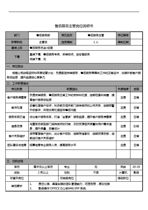 家居店-售后服务主管岗位说明书