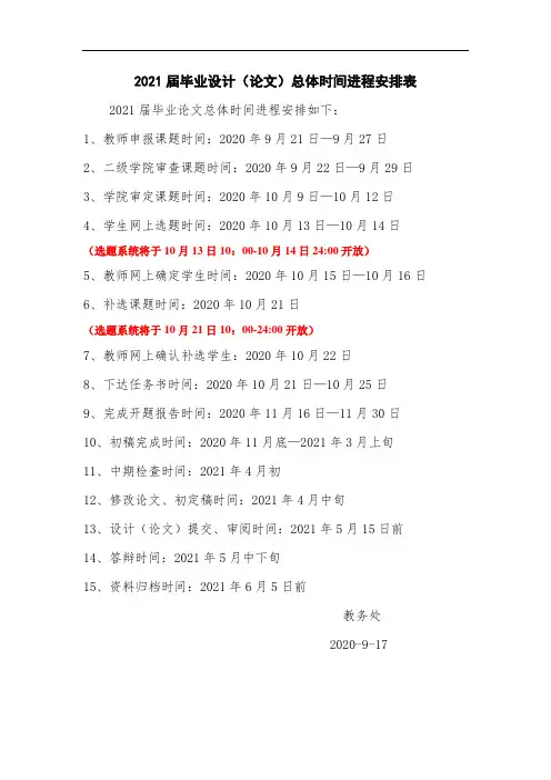 2021届毕业设计(论文)总体时间进程安排表