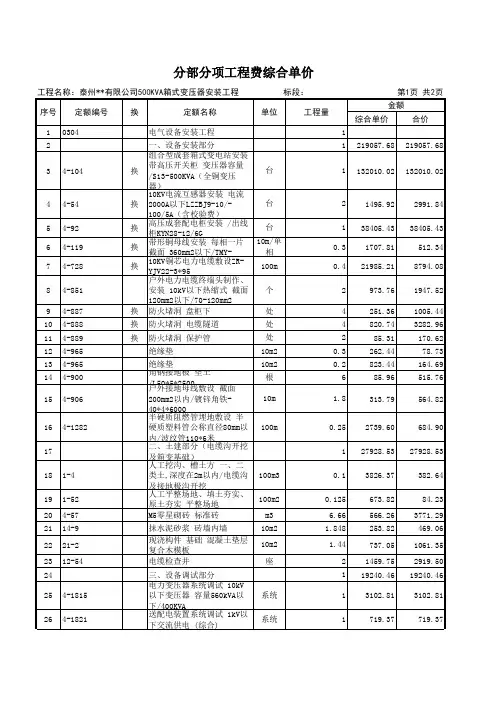 500KVA箱式变压器-预算清单