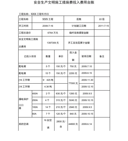 安全生产文明施工措施费投入费用台账