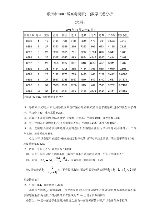 惠州市2007届高考调研(一)数学试卷分析(精)