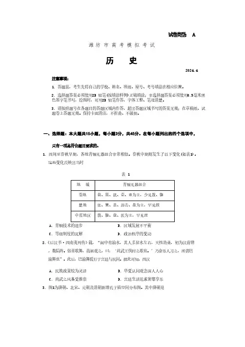 2024年山东省潍坊市高三二模卷历史试题及答案