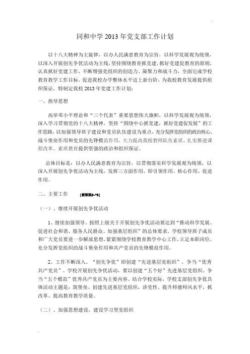 同和中学2013年党支部工作计划文件.doc